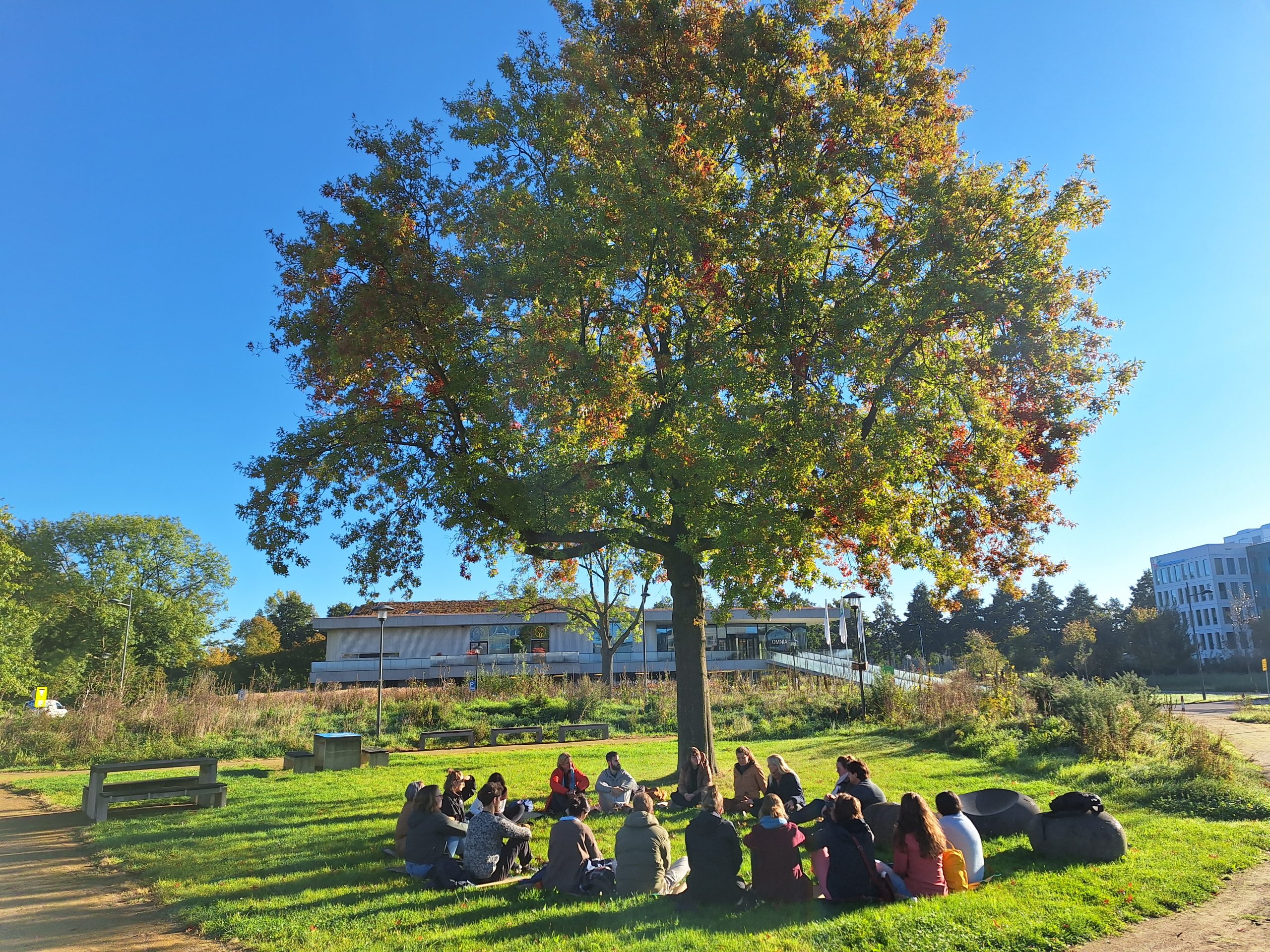 WUR photo: students talking under a tree
