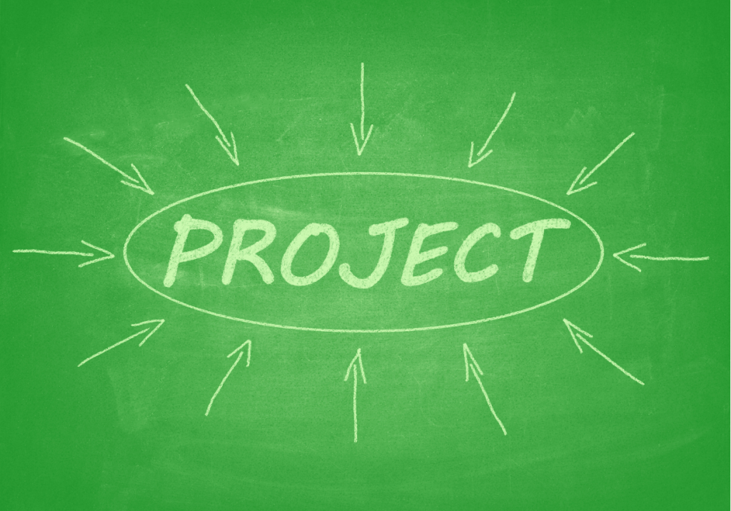 green image with a circle inside of which the word project is written and multiple arrows point to the circle 